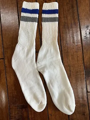 Vintage Pair Double Stripe Tube Socks 70s 80s New Retro Grey Blue White • $22