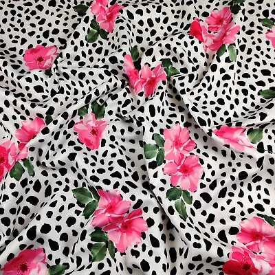 £0.99 • Buy FS440 Dalmatian Pink Floral With Black Spots Print Jersey Scuba Stretch Fabric 