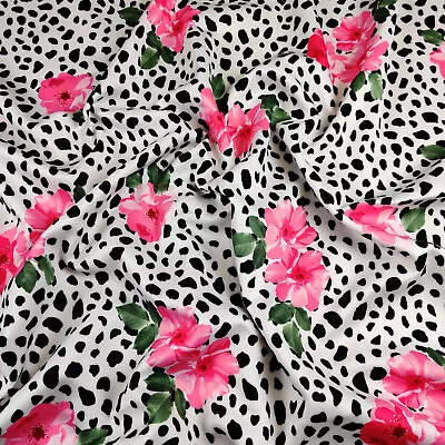 FS440 Dalmatian Pink Floral With Black Spots Print Jersey Scuba Stretch Fabric  • £0.99