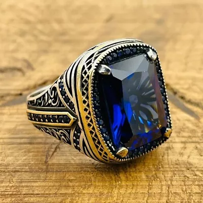 Sapphire Stone Ring MensDark Blue Square Gemstone Ring 925k Sterling Silver • $49