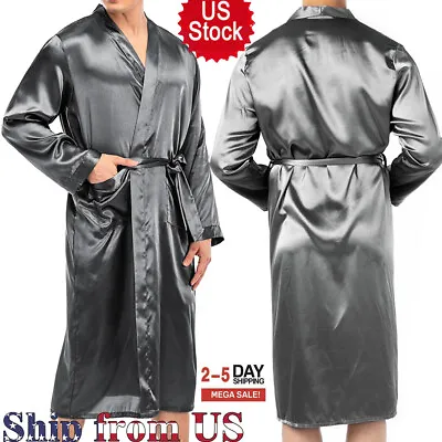 Men Silk Kimono Robe Luxury Bathrobe Long Sleeve Pajamas Nightwear Dress Gown US • $20.39