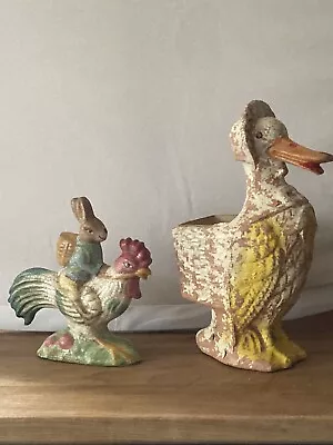 Vintage Paper  Mache Easter Duck Candy Holder & Rabbit Riding Rooster • $49