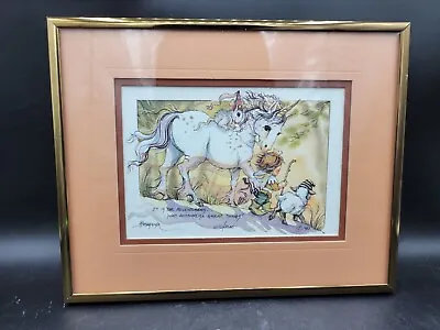 Vintage 80s Jody Bergsma Framed Print Unicorn Possum Lamb Child Adventurers • $30