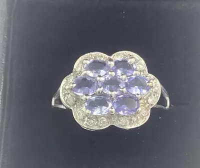 9ct Tanzanite And Natural Diamond White Gold Halo Cluster Ring Size M1/2 • £125