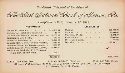 First National Bank Of Moscow Statement Of Condition Pennsylvania PA 1914 • $8.95