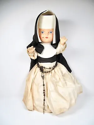 Vintage 1940s 1950s Composition NUN Doll Dressed In White Black Habit W Rosary • $120