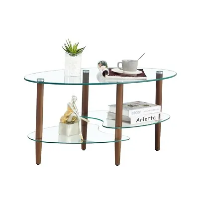 Modern Transparent Oval Glass Coffee Table With Wood Legs • $95.55