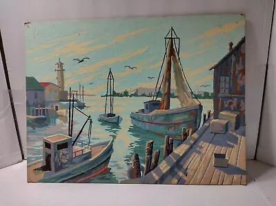 Vintage Fishing Boat Ship In Harbor Hand Paint By Number No Frame 12  X 16  • $38
