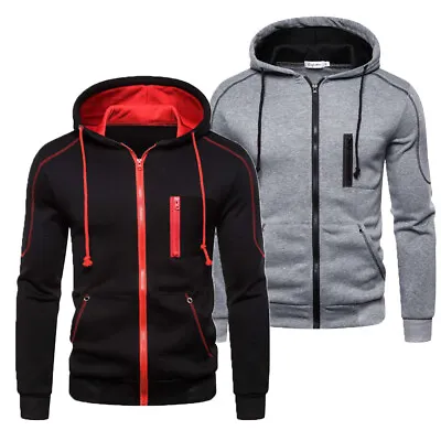 Mens Zip Up Hoody Plain Hoodie UK Zipper Sports Jumper Hooded Coat Warm Jacket • £8.54