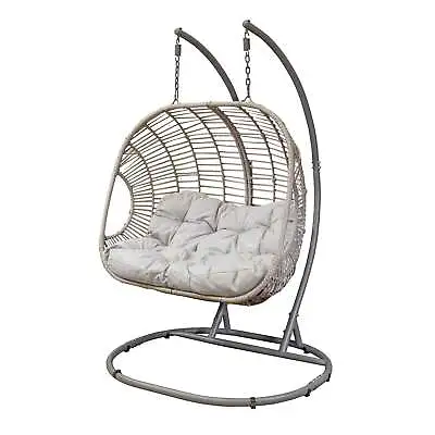 Garden Egg Chair Double Pod & Cushions Hanging Swing Steel Frame - Rattan • £449.98