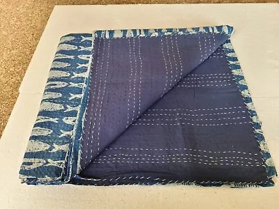 USA King/Queen Blue Fish Print Kantha Quilt Cotton Blanket Throw  Bedspread • $50.99