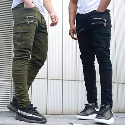 New Men Slim Cargo Pants Casual Multiple Pockets Long Trousers Zipper Solid Pant • $26.41