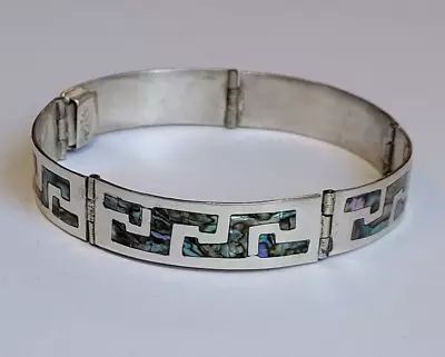 Vintage Inlaid Abalone Sterling Silver 5 Panel Hinged 7in Bracelet Iguala Mexico • $95