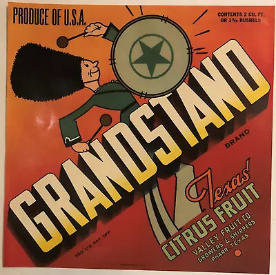 GRANDSTAND Drum Major Original Unused Vintage Crate Label Texas Citrus Fruit • $4.49