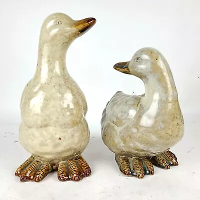 Majolica Ceramic Goose Duck Figurine Figure Set Pair 12  Speckled • $32.99