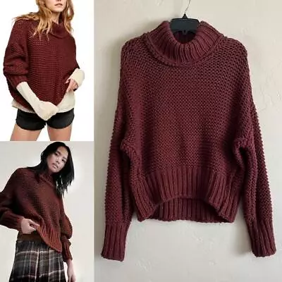 FREE PEOPLE S M L? Brown Chunky Knit My Only Sunshine Slouchy Sweater High Low • $45.99