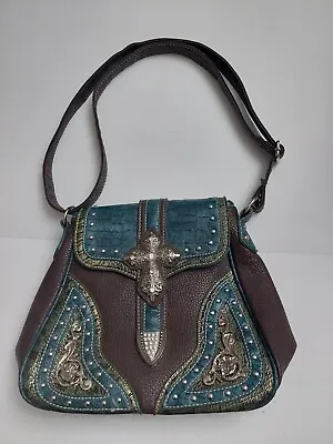 P&G Collection Western Handbag Cross  Buckle Brown/Teal Purse Shoulder Bag • $20