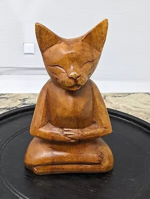 Zen Cat Wood Carving Sitting In Lotus Position Meditating  4 3/4 • $15