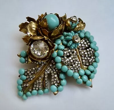 Vintage Miriam Haskell Brooch Faux Turquoise Diamantes HUGE!! • $1495