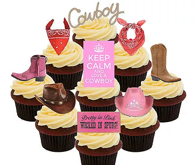 Cowboy / Cowgirl Party Pack 36 Edible Cupcake Toppers Standup Cake Decorations • £5.99