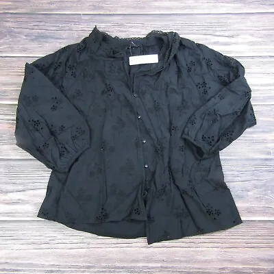 J Crew Womens Medium Black Button-Front Eyelet Peasant Top Blouse AF449 • $11.89