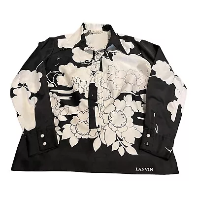 Vintage Lanvin Paris New York Floral Black White Tropical Bold Button Down Sz 14 • $84.49