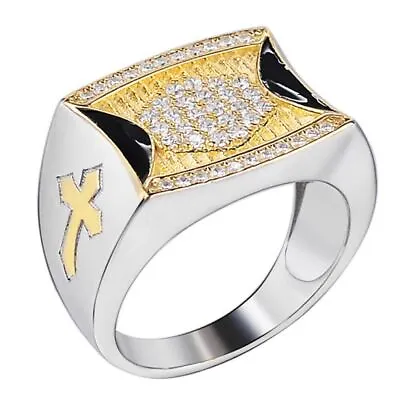 Mens Bling Solid 925 Sterling Silver/14k Gold Plated Two Tone Cross Iced CZ Ring • $38.32