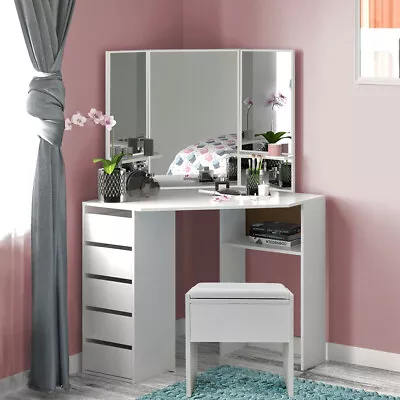 £149.99 • Buy White Dressing Table Vanity Makeup Desk With 5 Drawers Mirror Set Stool UK NEW
