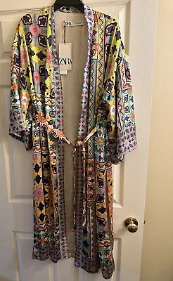 New Zara Vibrant Printed Silky Pattern Belted Kimono Robe Jacket Medium • $69.99