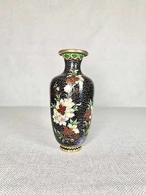 Small Vintage Chinese Cloisonné Enamel Over Brass  Black Vase With Plum Blossom • $45