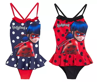 Girls Miraculous Ladybug Swimming Costume Kids Swimsuit Frilly Holiday Swimwear • £8.99