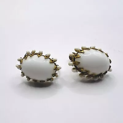 Vintage Signed Miriam Haskell White Glass Cabochon & Seed Beaded Clip Earrings • $9.99