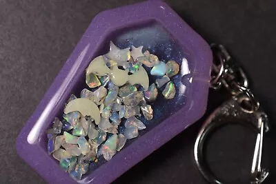 Halloween Coffin Shaker Keychain With Glow In The Dark Bat Moon Star Raw Opal • $30