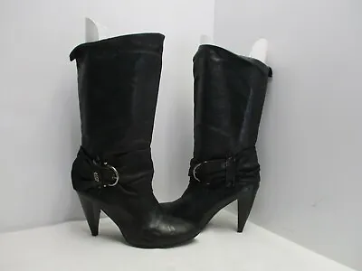 Miss Sixty Black Leather Mid Calf High Heel Fashion Boots Womens Size 40 EUR • $34.95
