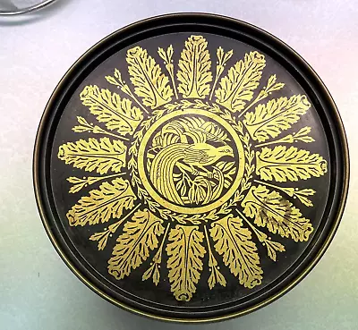 Vintage 1920-50 8 Inches Metal Cookie Tin Gold Peacock On Black Embossed Figures • $20