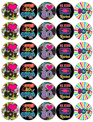 30x 80's Retro Theme Party Cupcake Toppers Edible Wafer Paper Fairy Toppers • £2.59