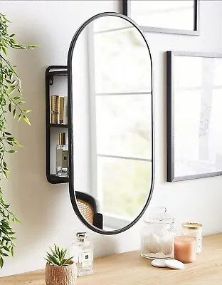 Oval Hidden Bathroom Storage Mirror 3 Shelves Wall Mounted Black Frame • £39.99