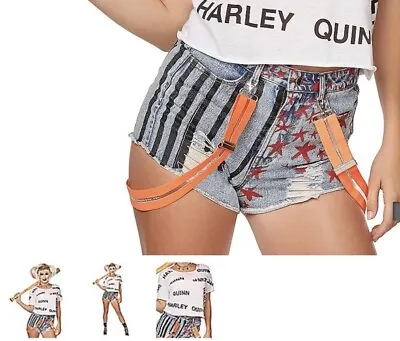 Harley Quinn Birds Of Prey Denim Zip Shorts W/ Suspenders Size Medium Nwt! • $29.99