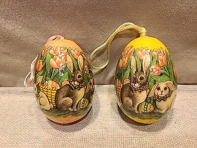 Vintage Easter Egg Paper Mache Hanging Holiday Ornament Lot Of 2 Bunny Rabbits  • $3