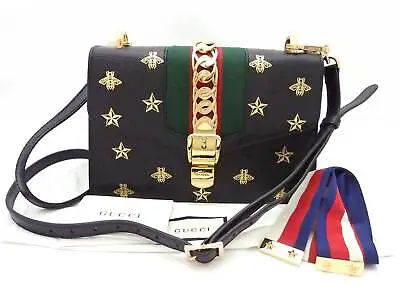 Auth Gucci Sylvie Bee And Star Crossbody Shoulder Bag Black/Gold Leather E54452g • $1760