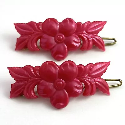 Vintage Hair Barrette Clip Pair Flower Floral Early Plastic Magenta Pink Color • $13.99