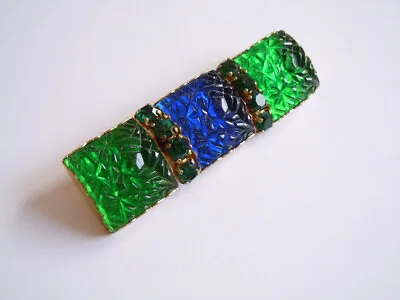 Brooch With Bright Glas / Rhinestones Blue/Green Vintage 0.8oz/3 1/8x0 7/8in • $83.03