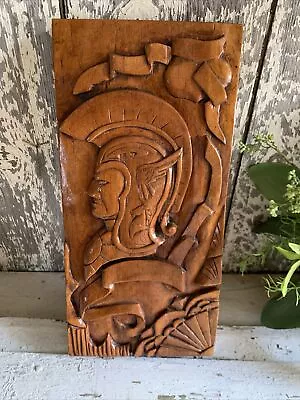 Vintage Wooden Hand Carved Wall Hanging Plaque Knight Gladiator Horse~ 16.5” T • $20