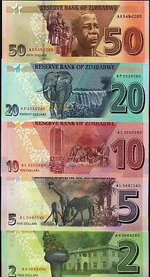 Zimbabwe 2 + 5 + 10 + 20 + 50 Dollars 2019 - 2020 Set Of 5 Banknotes 5 PCS UNC • £14.05