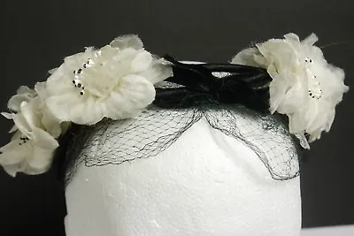 White Flowers Headband Bonwit Teller Therese Ahrens VTG Headpiece Black Velvet • $9.99