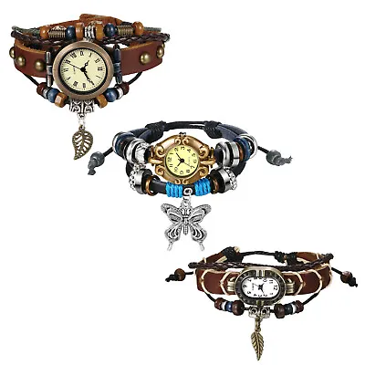 Vintage Womens Boho Multilayer Leather Bracelet Charm Quartz Analog Wrist Watch • $28.99