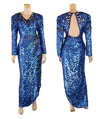 Alyce Designs Vintage 80s 90s Blue Sequin Silk Pageant Party Prom Dress Sz 16 • $374.96