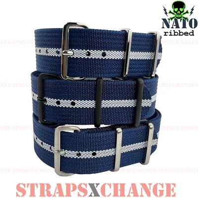 Ribbed Premium NATO® NAVY BLUE WHITE STRIPE Corrugated Military Watch Strap Band • $27.95