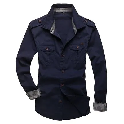 Men Cargo Shirt Military T-shirt Dress Shirt Pocket Button Down Cotton Blouse • £21.84