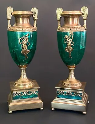 Russian Malachite Gilt Bronze Candlesticks Urn Form First Empire Style Pair • $6000